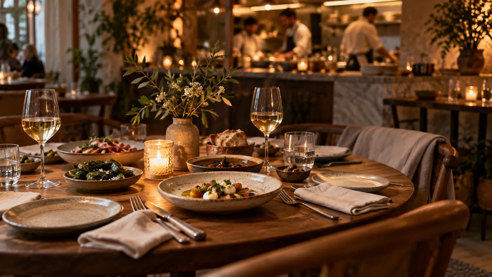 A seasonal restaurant table prepared for evening service
