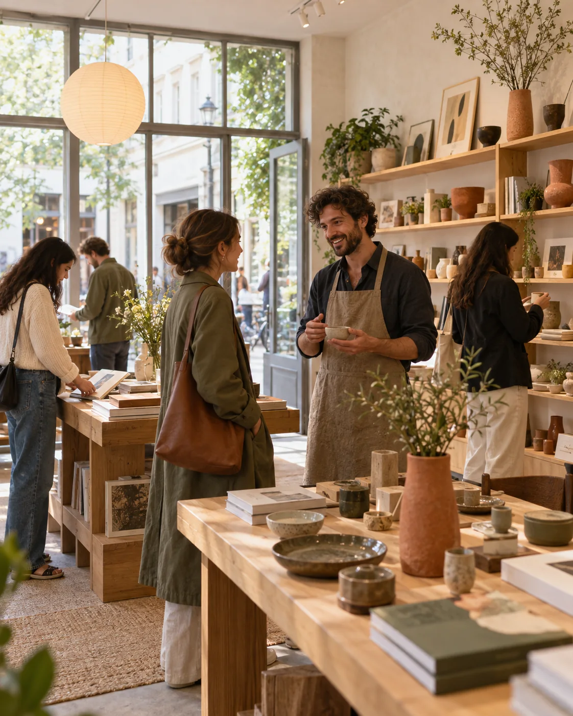 Visitors browsing a curated independent design shop during an opening